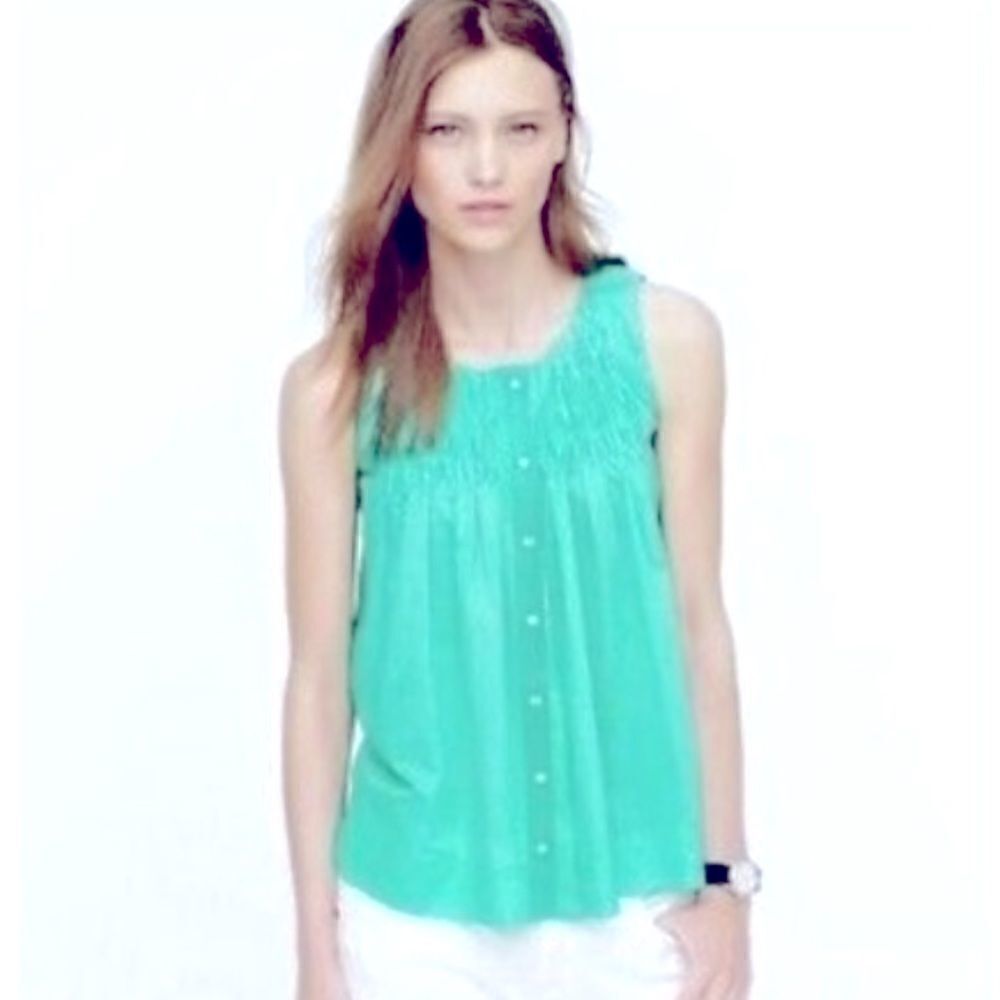 J Crew green sleeveless button front top with smocked bodice, size 4